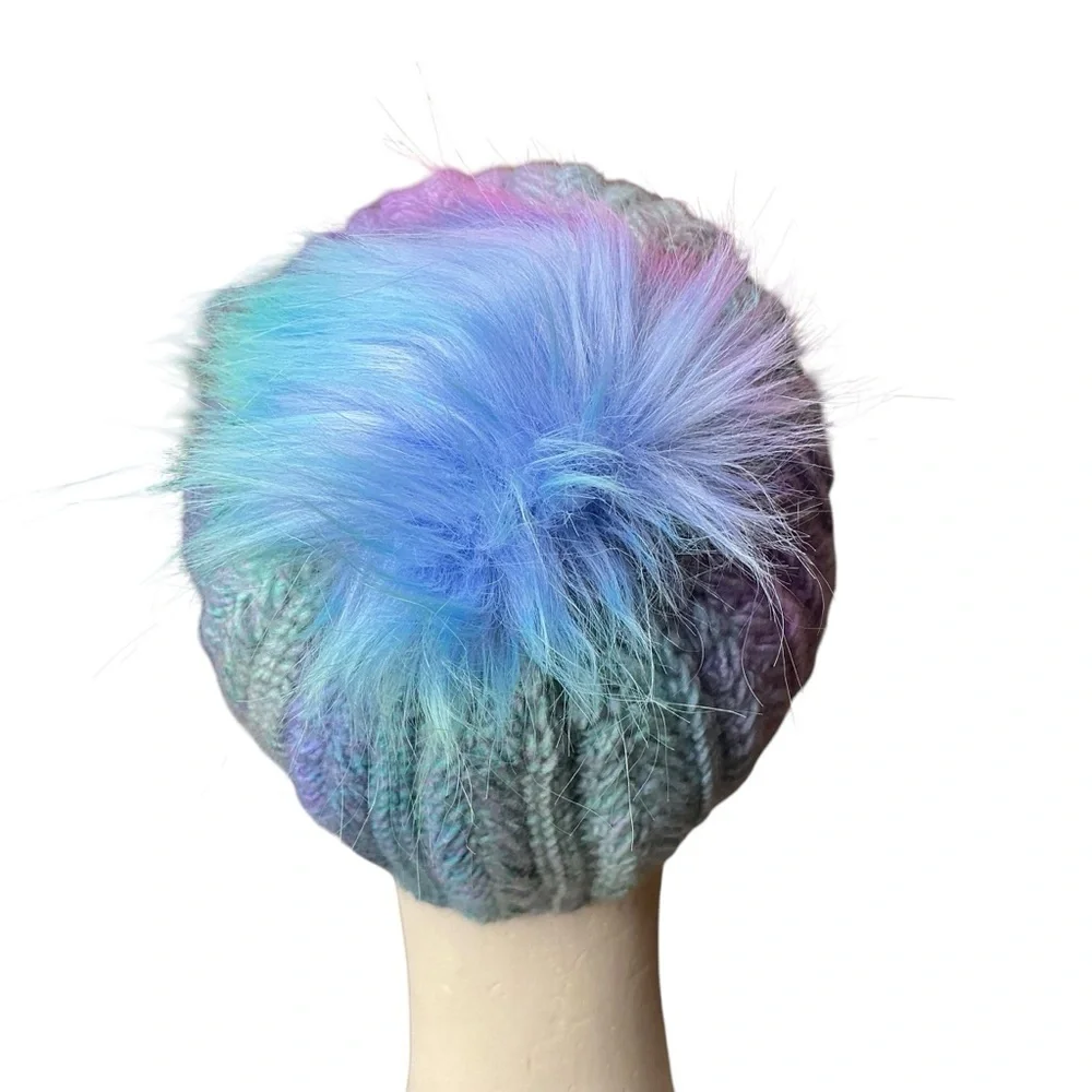 Handcrafted Crochet Winter Hat Blue Purple Snowy Wheat Knit Beanie with Pom Pom